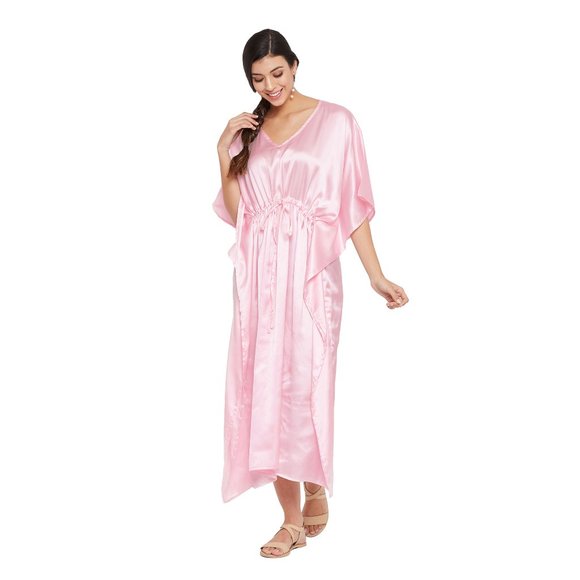 Womens Full Length Caftan Dress Silky Satin Long Maxi with Drawstring Nighty - Picture 2 of 7